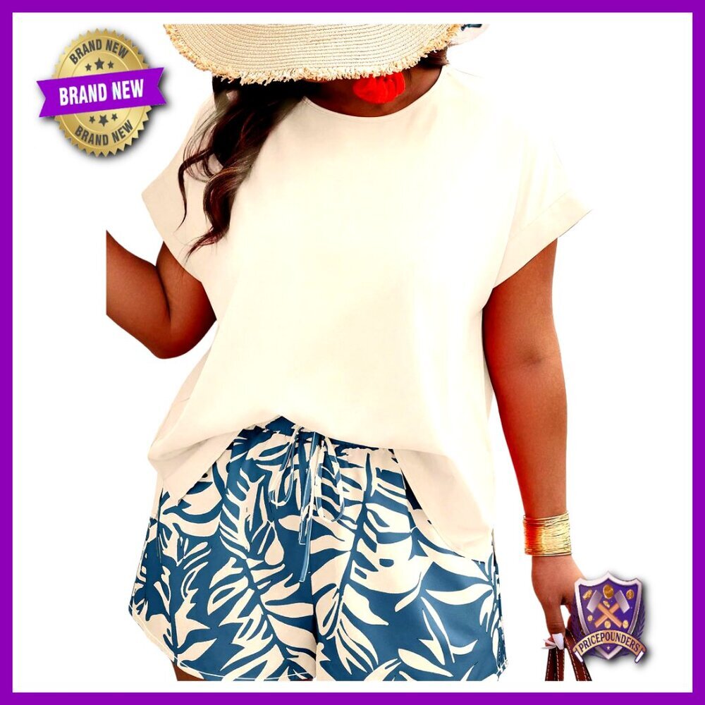 Plus Size Printed Short Sleeve Blouse and Shorts Set Vacation Outfit
